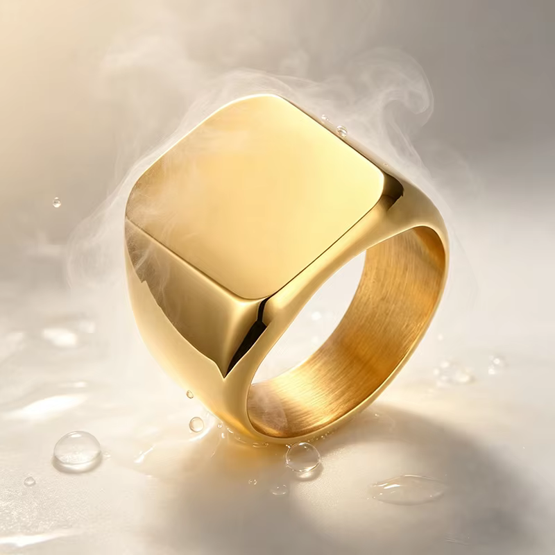 Bague chevalière dorée en acier inoxydable pour hommes