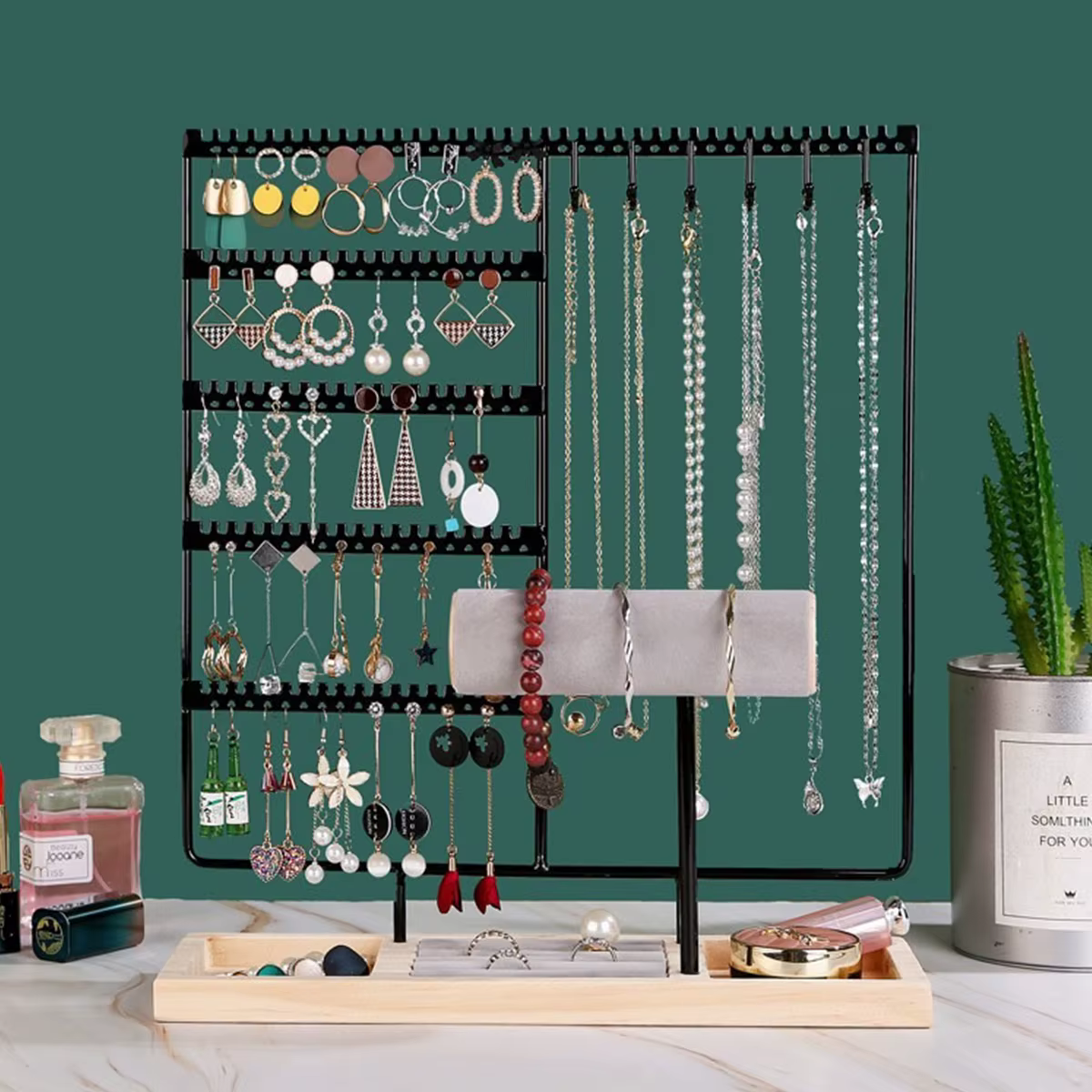 Support organisateur de bijoux en métal avec plateau en bois