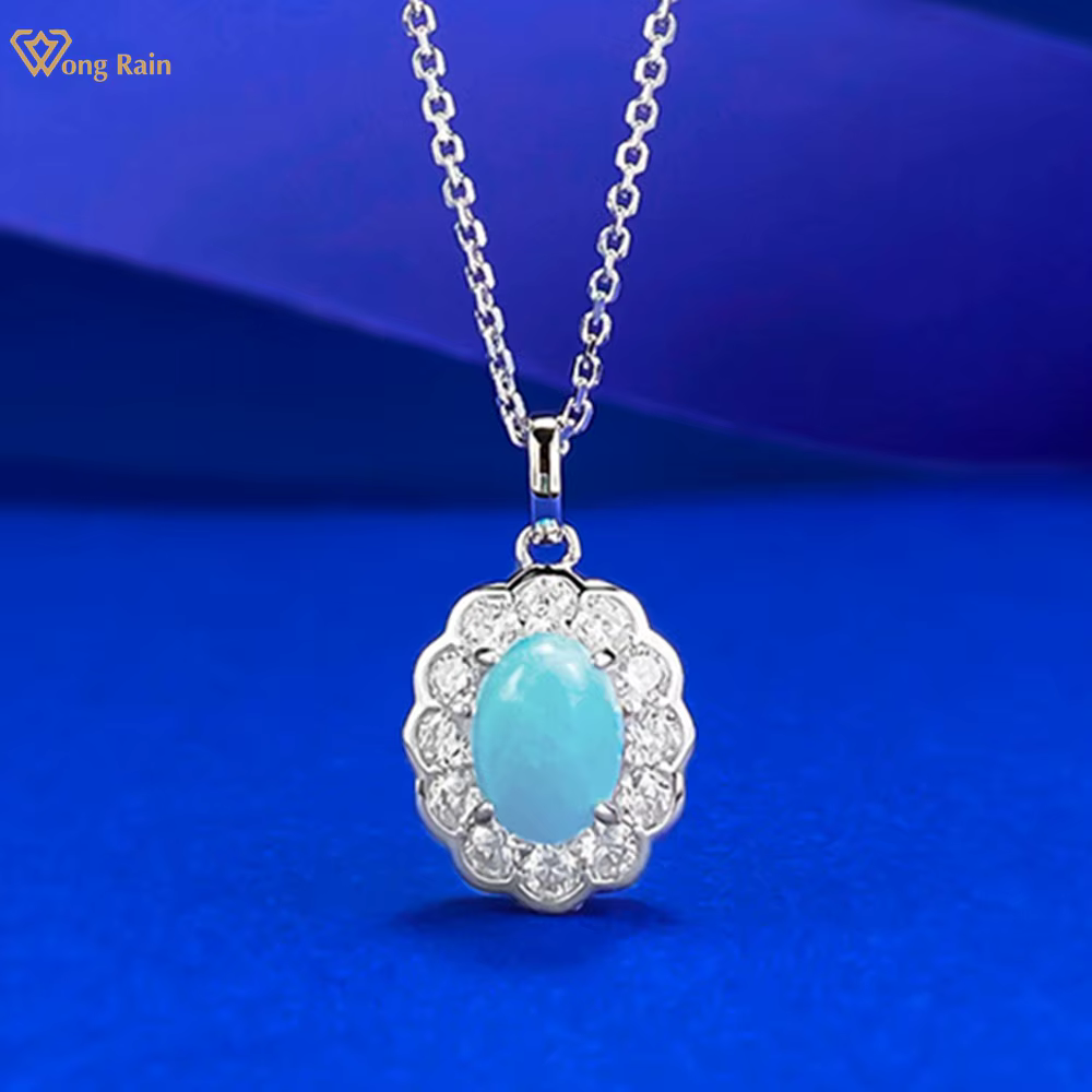 Wong Rain solide 925 argent Sterling 6*9 MM ovale Larimar haute teneur en carbone diamant gemmes Vintage pendentif collier bijoux fins en gros