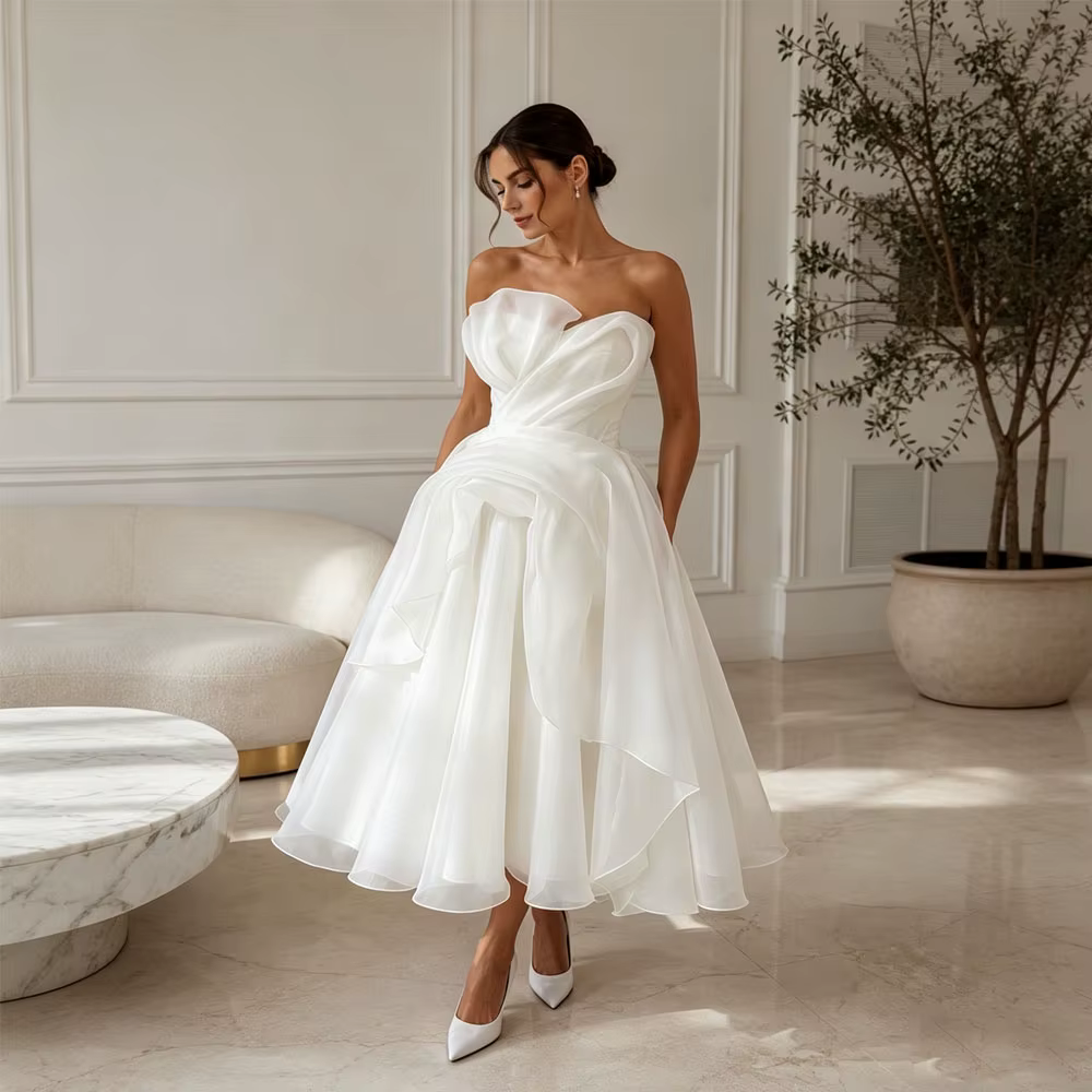 Robe de mariée midi simple 2026 en organza