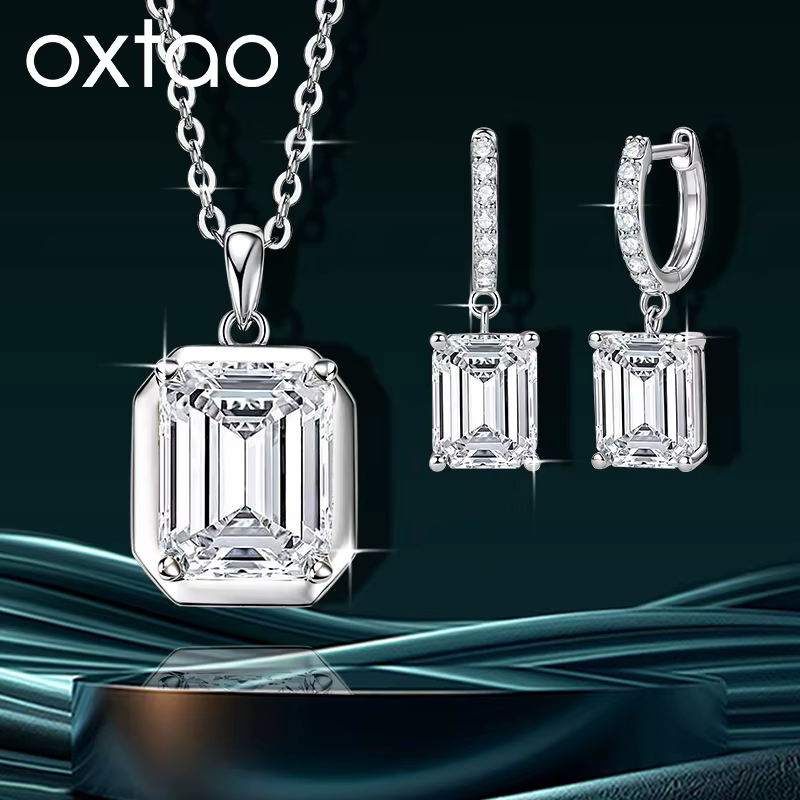 OXTAO Ensemble collier et boucles d'oreilles en moissanite taille émeraude pour femme