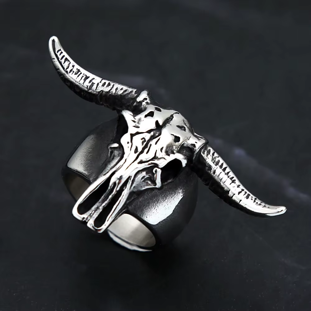 Bague Homme Vintage Rétro Tête de Chèvre en Acier Inoxydable