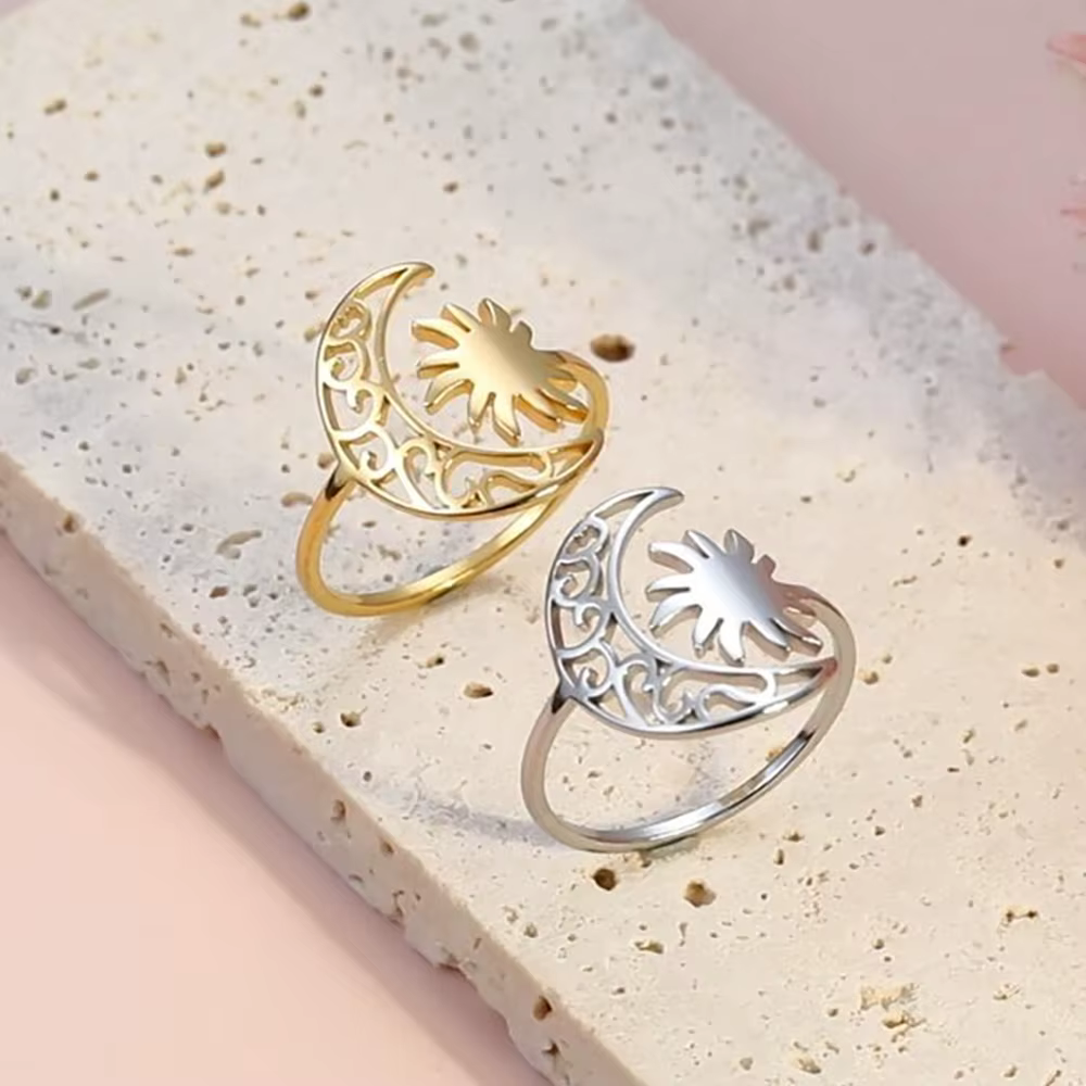 Skyrim – bague soleil en forme de croissant de lune pour femmes, en acier inoxydable, ouverte, tendance, bohème, bijoux, cadeau d'anniversaire, vente en gros