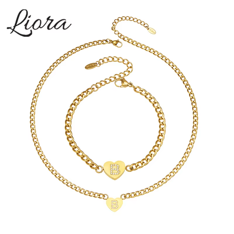 Liora coeur cubique zircone lettre pendentif collier Bracelet pour femmes en acier inoxydable chaîne cubaine Mujer Hip Hop ensembles de bijoux