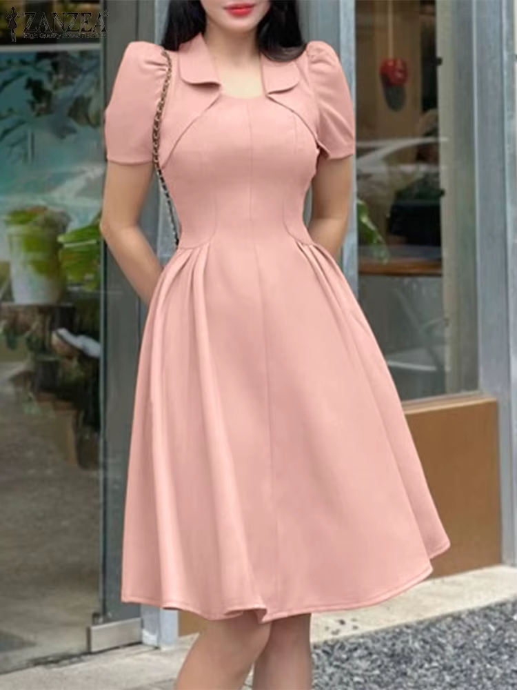 ZANZEA élégant Chic robes noires femmes mode col carré manches courtes taille froncée genou longueur robe de soirée verres dames