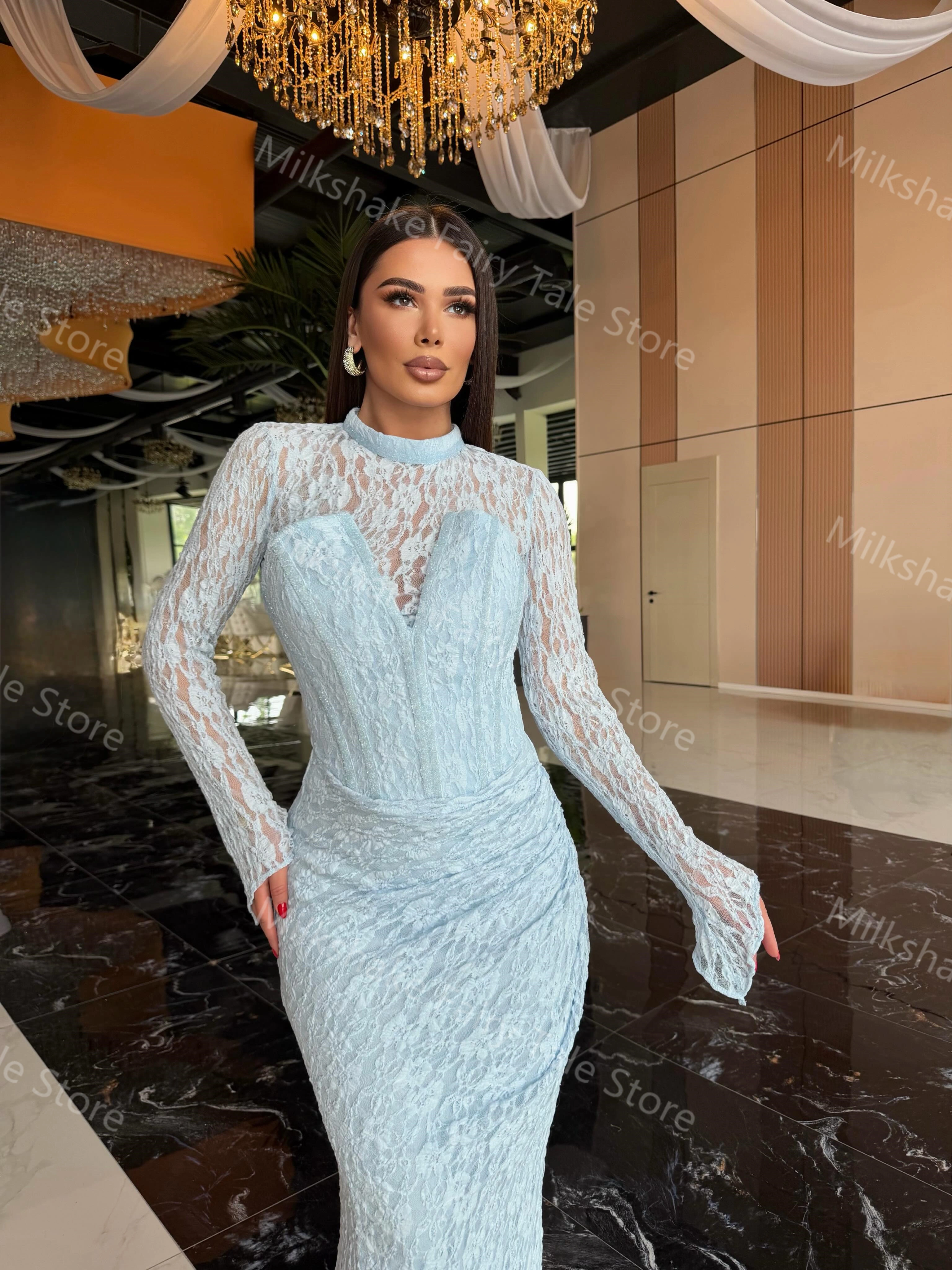 Robes de soirée bleues glamour en dentelle pour femmes