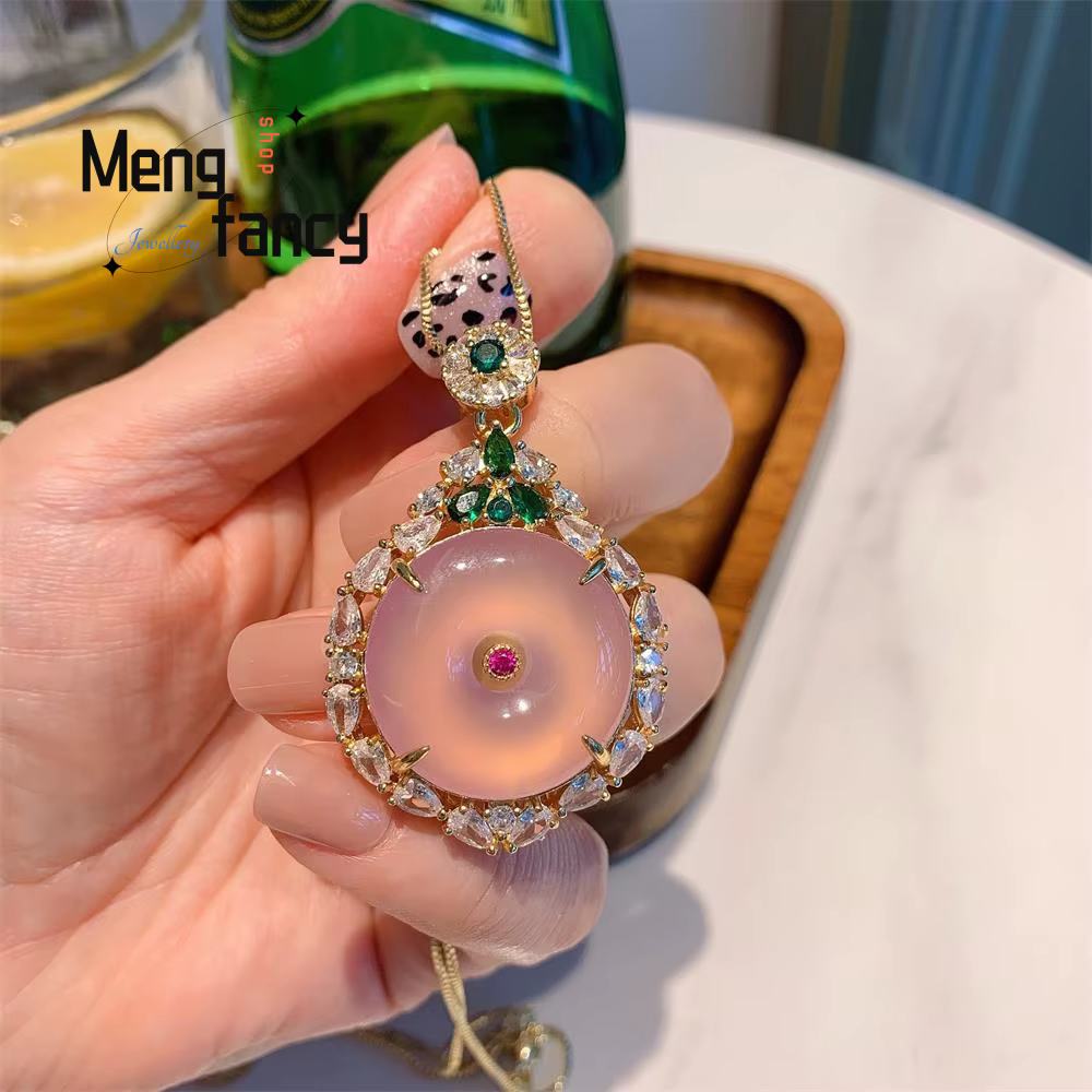 Pendentif en pierre de calcédoine rose naturelle incrustée d'agate verte de paix