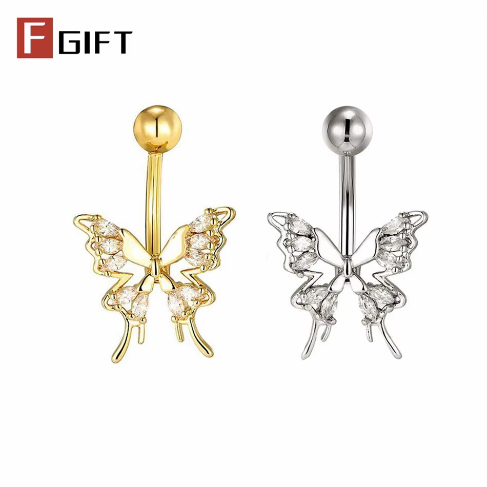 Anneaux de piercing de nombril papillon ajouré scintillant, couleur or et argent, avec zircon cubique, bijou essentiel pour l'été, style influenceur