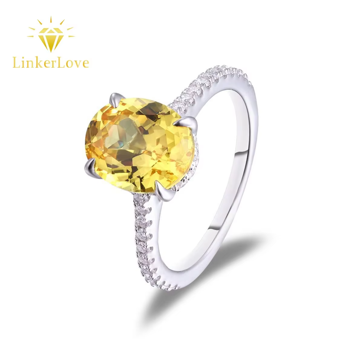 Bague de fiançailles LinkerLove en argent sterling S925 avec saphir jaune ovale de 2 carats pour femme