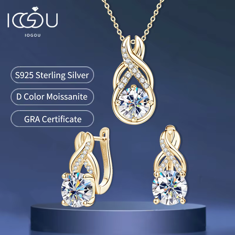 IOGOU luxe 6.0CTW 8MM VVS1 Moissanite ensemble de bijoux 925 argent infini pendentif collier goutte cerceau boucles d'oreilles ensembles pour femmes cadeaux
