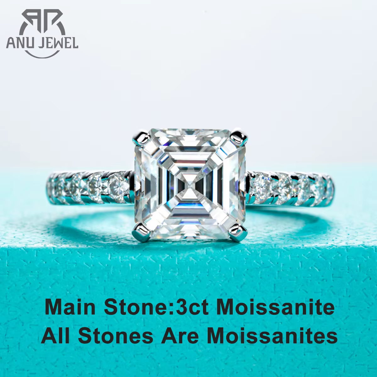 Bague de fiançailles en moissanite taillée Asscher de 3ct pour femmes AnuJewel en argent sterling 925