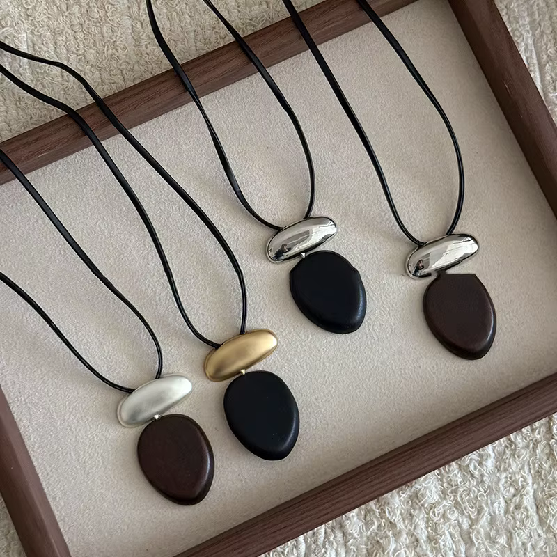 FTCY – collier Vintage avec pendentif ovale en bois pour femmes