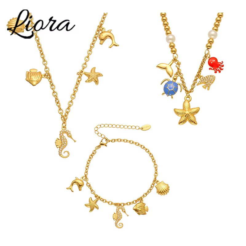 Liora mode océan Style goutte charme colliers Bracelet pour femmes en acier inoxydable PVD plaqué or cubique zircone
