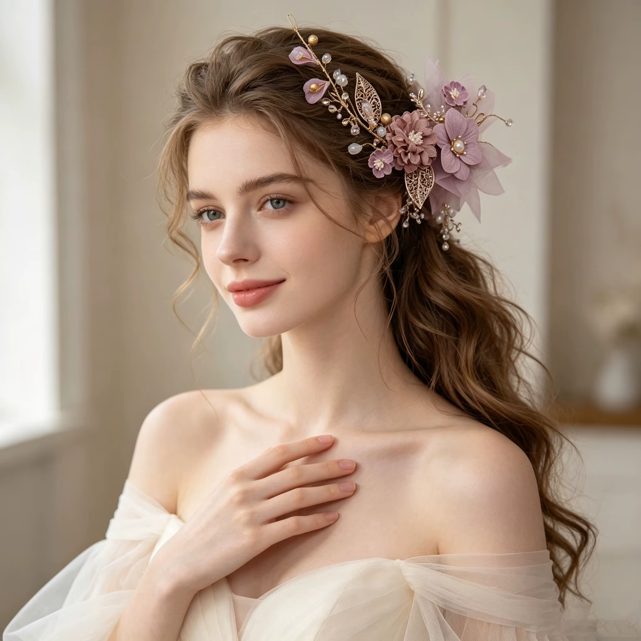 Serre-tête fleur rose pour cheveux longs