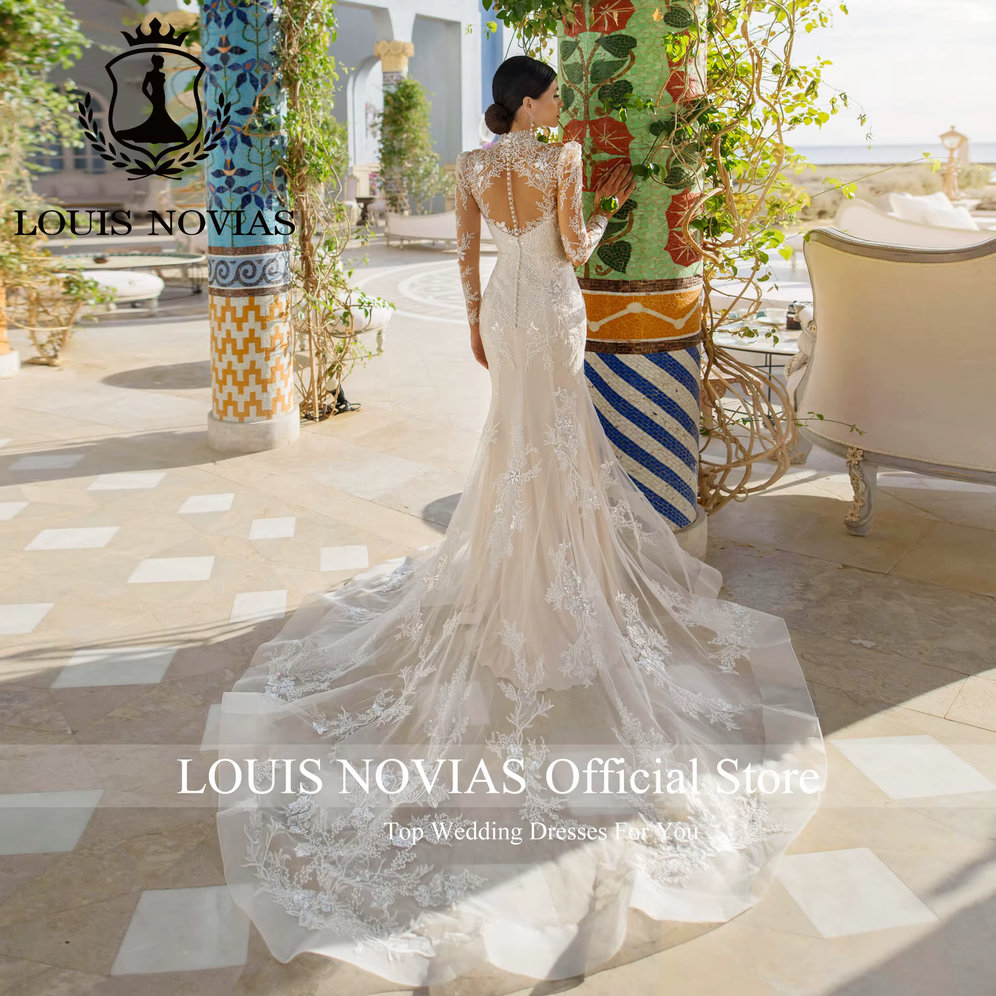 LOUIS NOVIAS robes De mariée sirène pour femmes col rond Appliques paillettes Illusion brosse Train robe