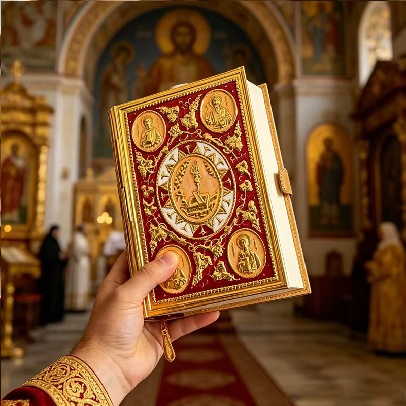 Nouvelle Couverture d'Évangile Ornée Plaquée Or avec Écussons en Relief des Apôtres pour l'Autel de l'Église Orthodoxe