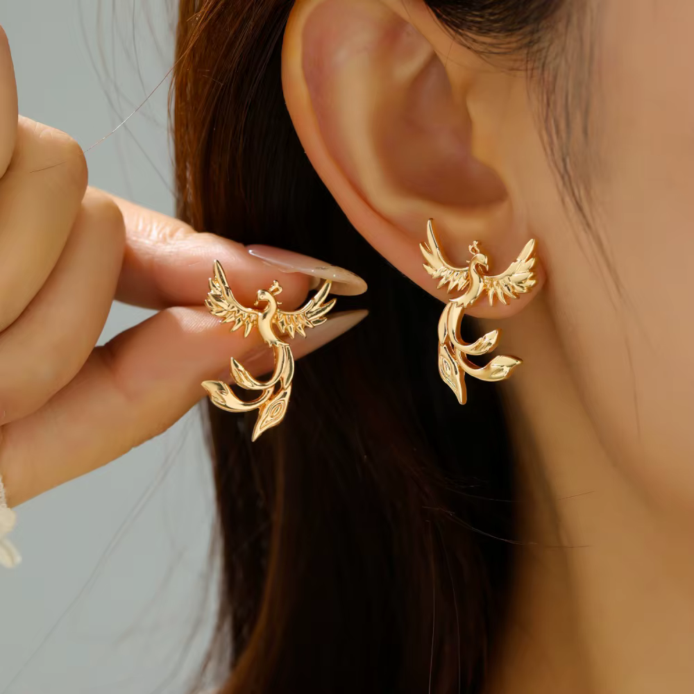 Boucles d'oreilles vintage en forme de phénix doré pour femmes