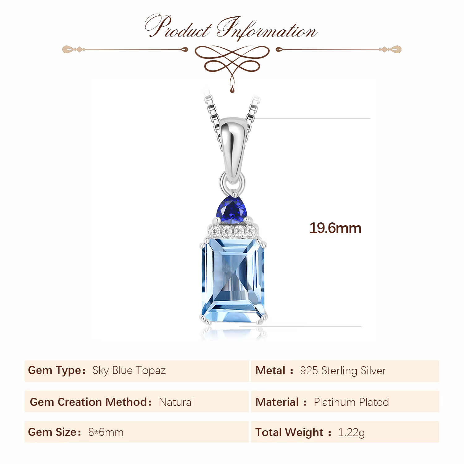 Collier pendentif Potiy en argent sterling 925 avec topaze bleue ciel et saphir synthétique taille émeraude pour femme, sans chaîne, bijou quotidien