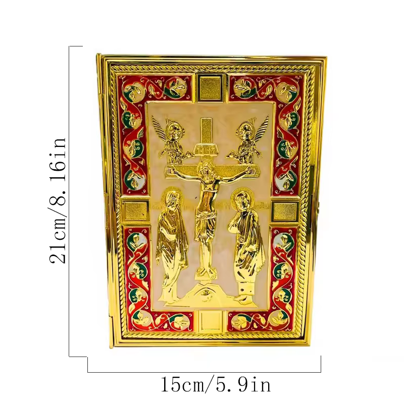 Couverture de Bible orthodoxe vintage plaquée or avec icônes émaillées pour la liturgie de l'Église
