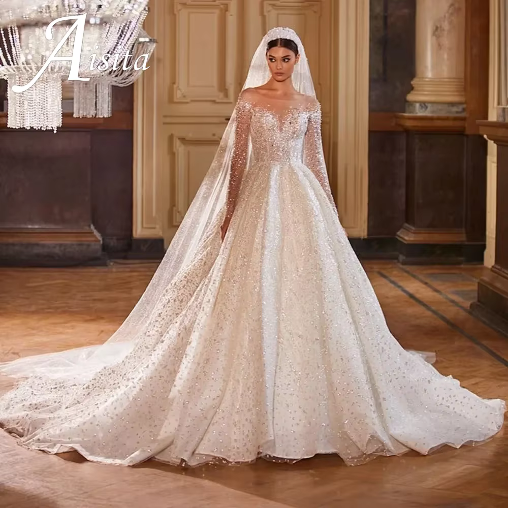 Robes De Novia brillant paillettes a-ligne manches longues robe De bal