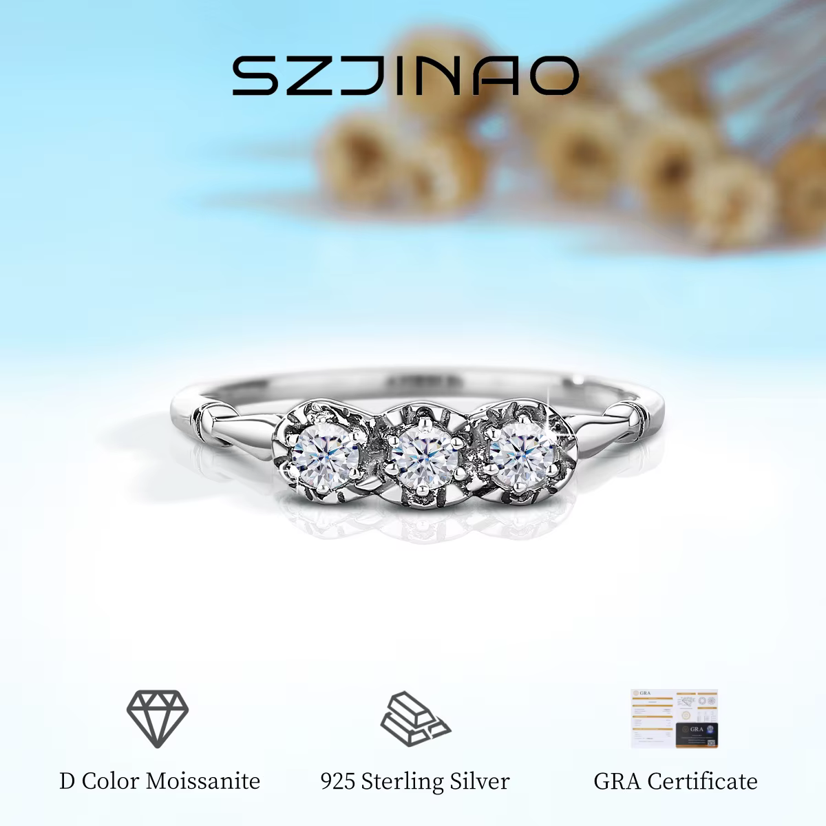 Bague de luxe en trois pierres Moissanite
