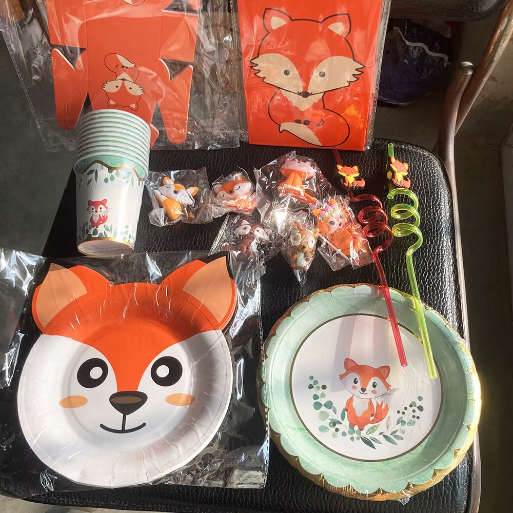 Renard fête d'anniversaire bébé douche décor fournitures vaisselle ballon Cupcake Toppers bois animaux thème habiller enfants Orange 