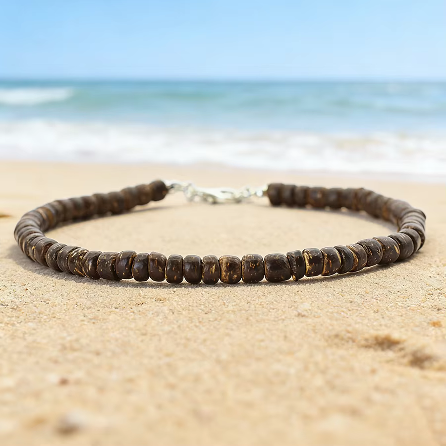 Chaîne de cheville bohème en perles de bois naturelles pour femme