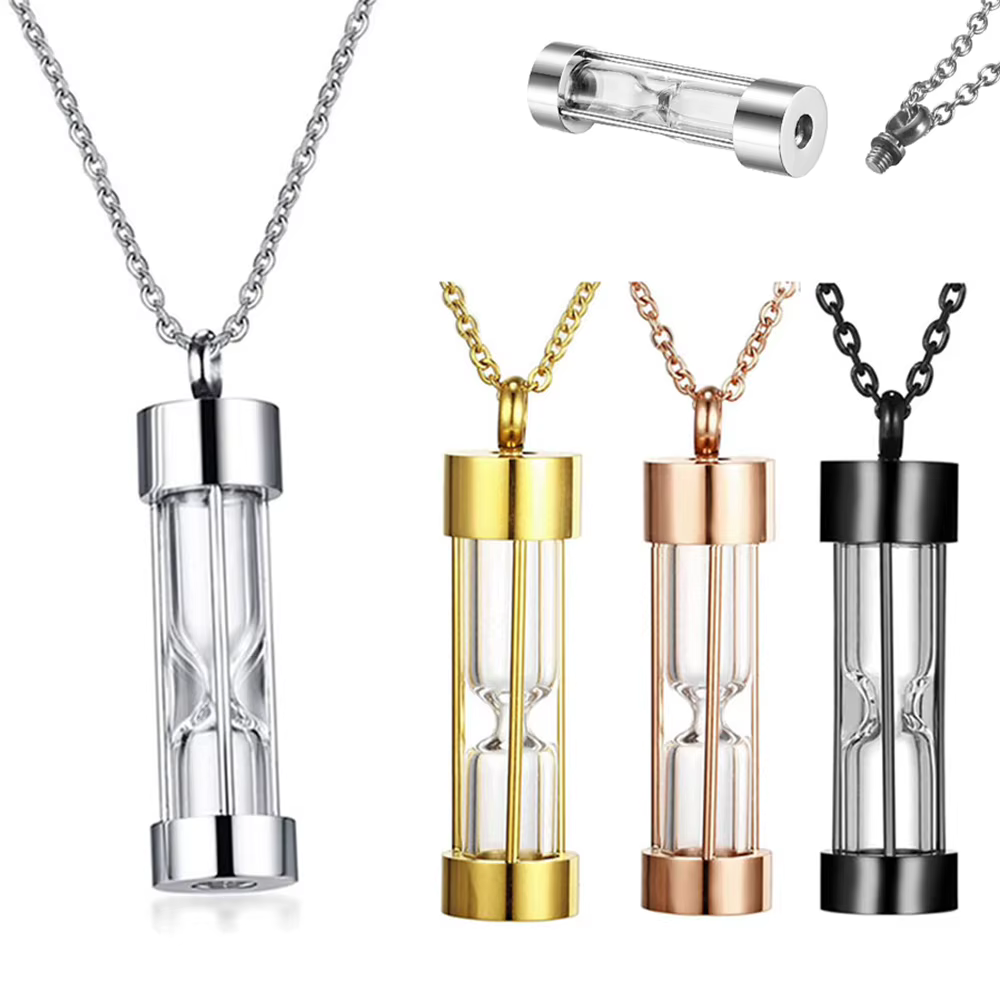 Collier urne en acier inoxydable avec pendentif sablier intemporel pour cendres humaines ou d'animaux de compagnie