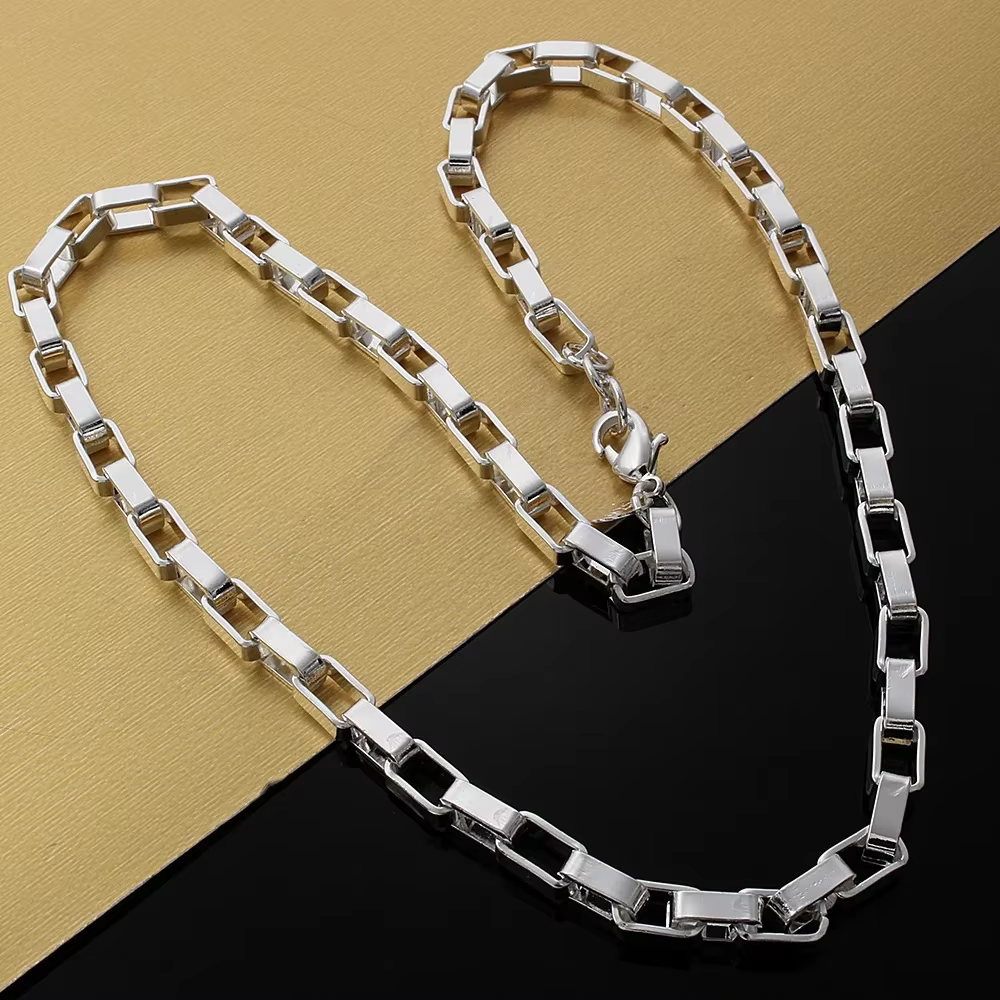 925 argent sterling classique 5MM longue boîte chaîne Bracelets collier ensemble de bijoux pour hommes mode fête accessoires de mariage cadeaux