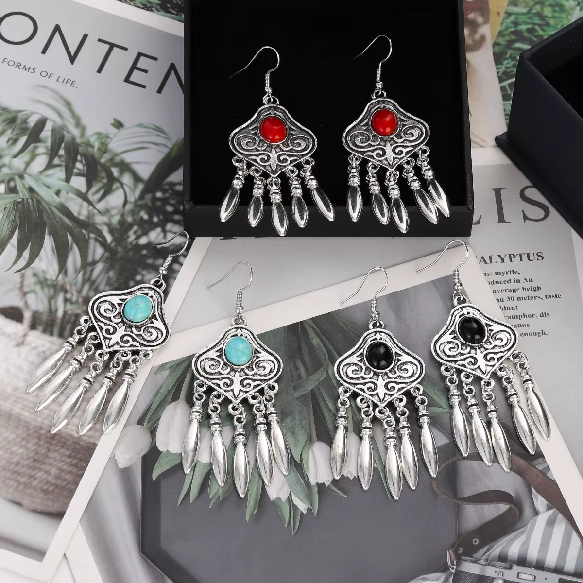Boucles d'oreilles géométriques sculptées en pierre naturelle ethnique vintage pour femmes