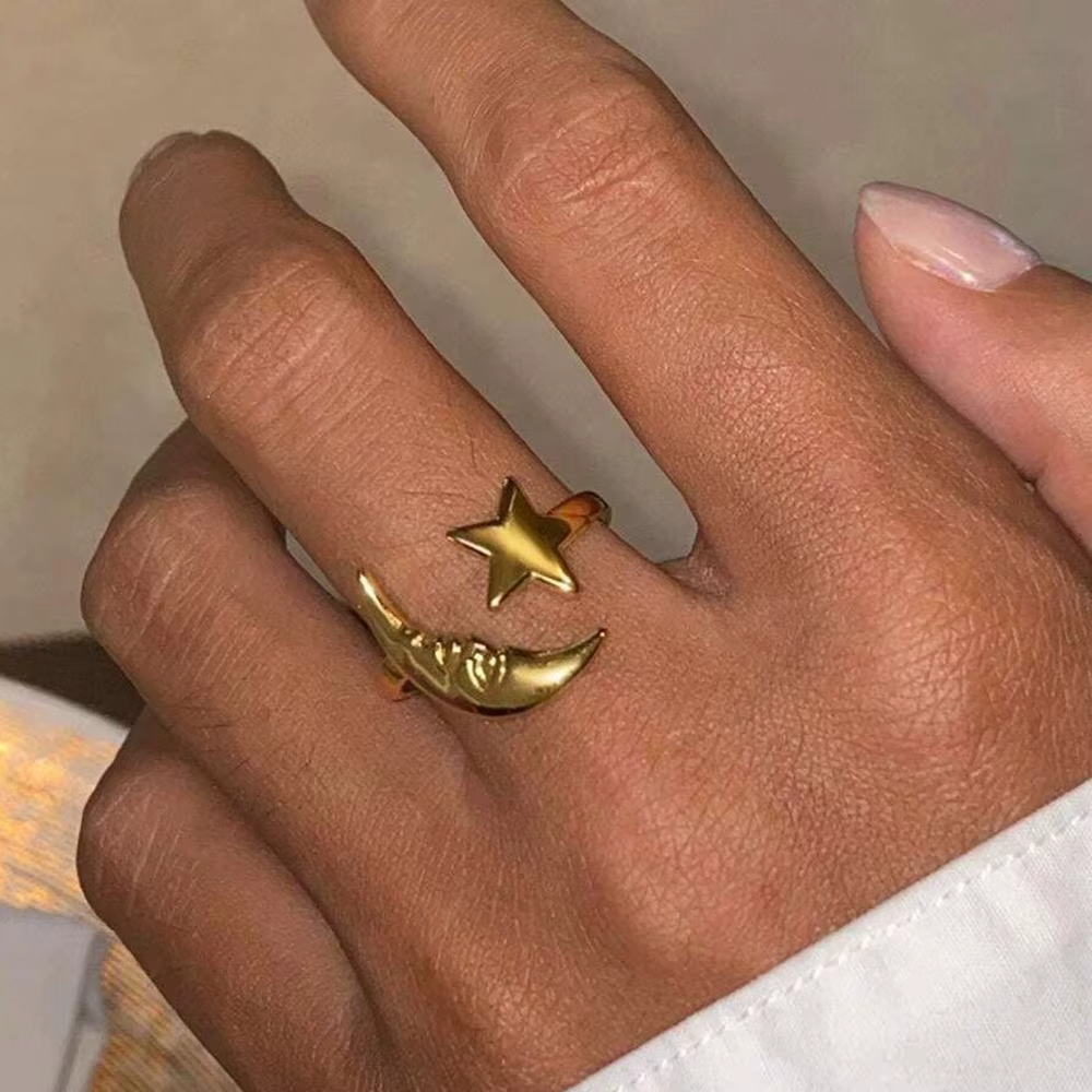 Bague rétro lune étoile ouverte réglable pour femmes