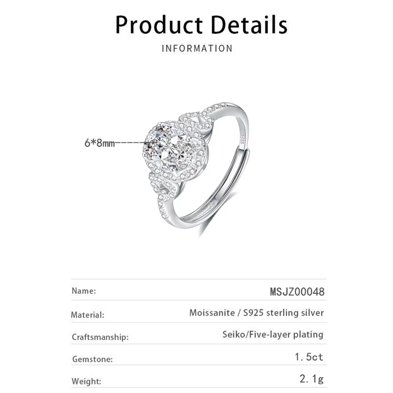Bague en moissanite taille ajustable 1