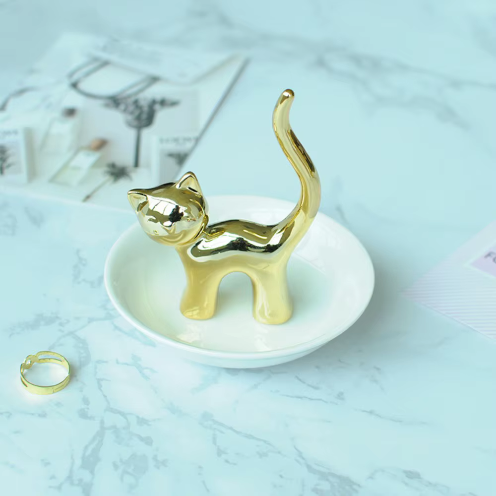 Nouveau porte-anneau de chat en céramique or argent présentoir de bijoux support