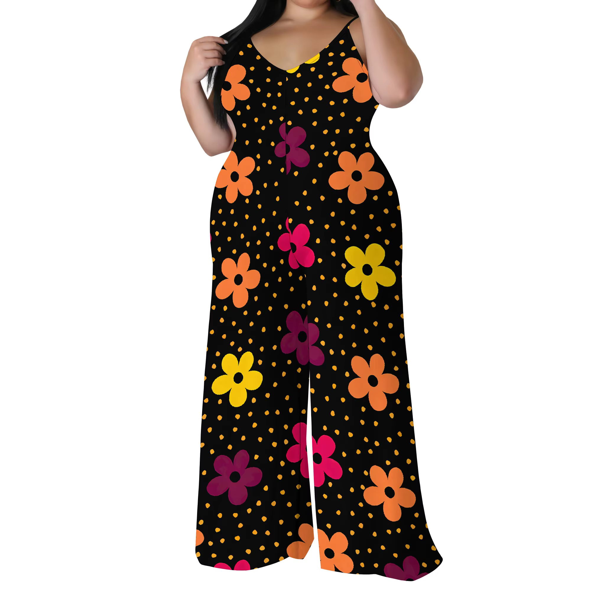 Combinaison florale grande taille – Barboteuse à jambes larges et épaules dénudées avec écharpe