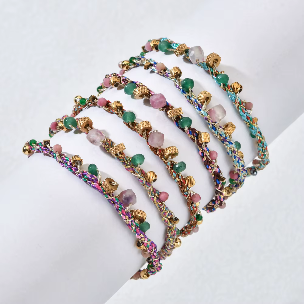 Bracelet en corde tressée colorée mélangée en pierre Boho de style français, perles en acier inoxydable plaqué or 18 carats, réglable, bijoux