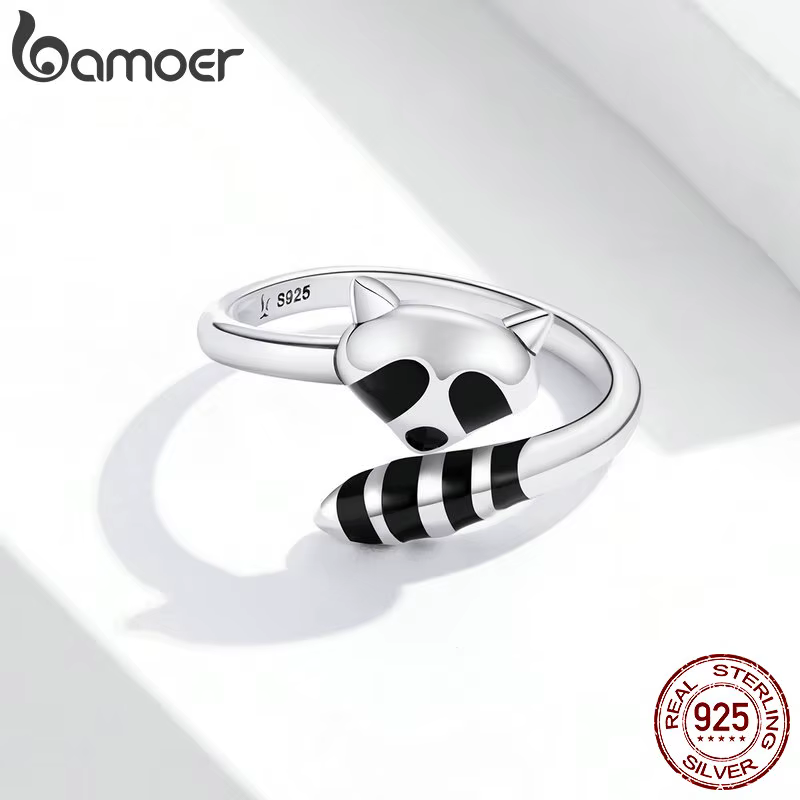 Bamoer raton laveur anneau ouvert 925 en argent Sterling Unique Animal
