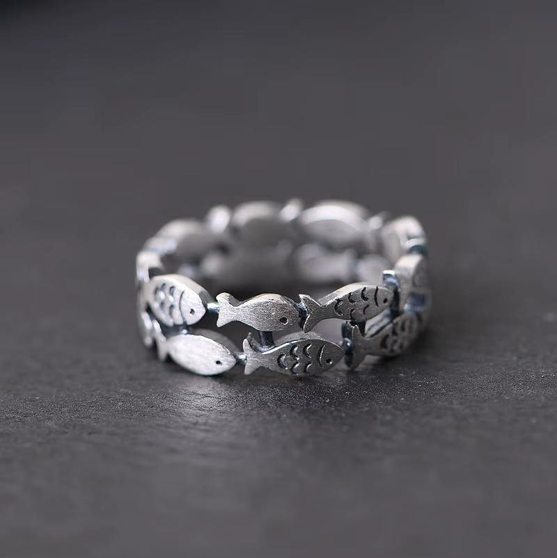 Poisson à deux couches en argent sterling 925 ​ Bagues réglables pour femmes