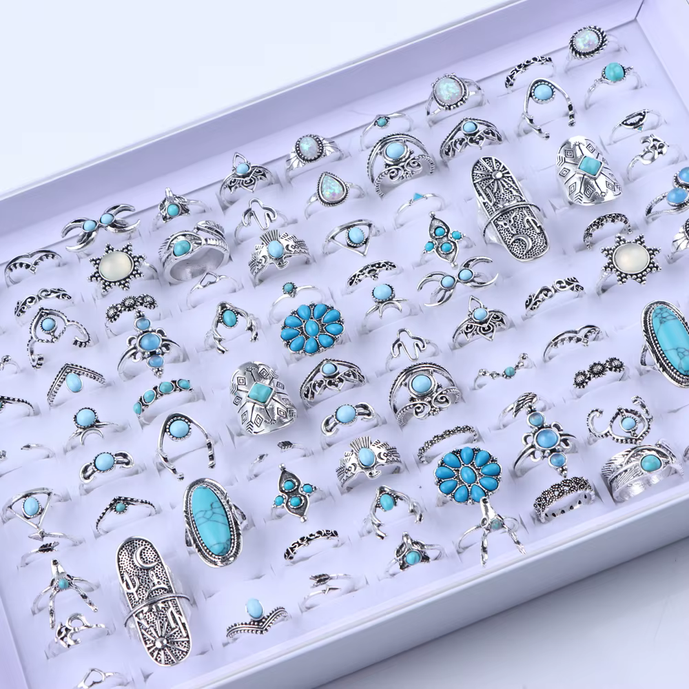 Bagues Vintage Boho en verre Turquoise pour femmes