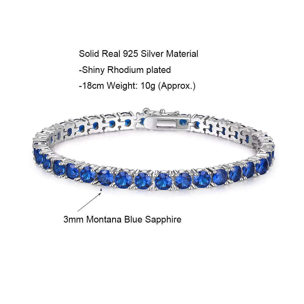3 mm Montana bleu Semi cubique Zircon beau réel 925 bijoux pour femmes/hommes solide pur argent 15-21 cm Bracelet de Tennis