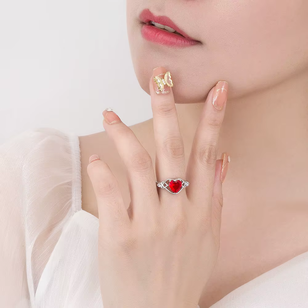 Bague en argent Sterling 925 avec cœur d'amour en Zircon rouge