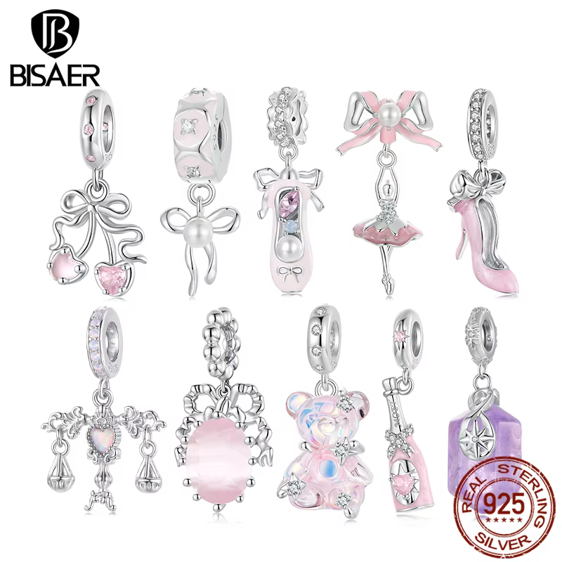 BISAER 925 en argent Sterling rose arc breloque perle ours talons hauts Champagne pendentif pour les femmes bracelet à bricoler soi-même collier bijoux fins