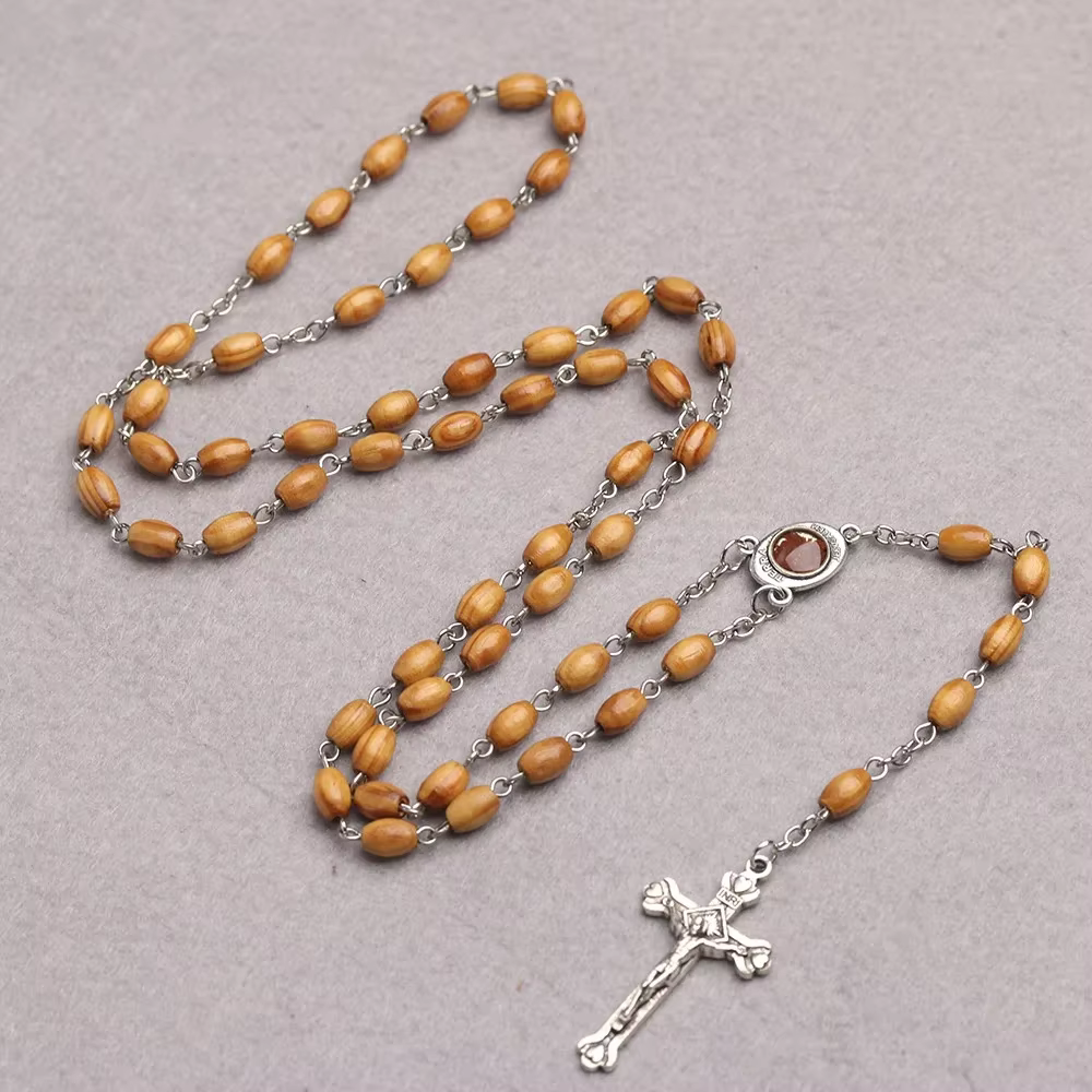 Chapelet catholique en bois avec perles pour hommes et femmes