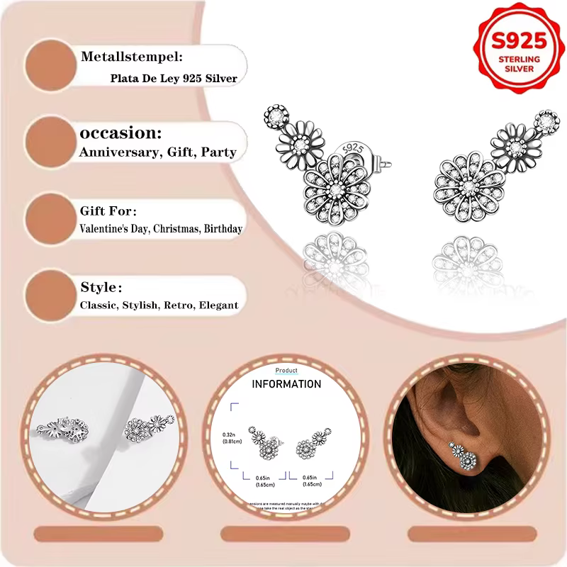 Boucles d'oreilles clous délicates trois marguerites en argent 925