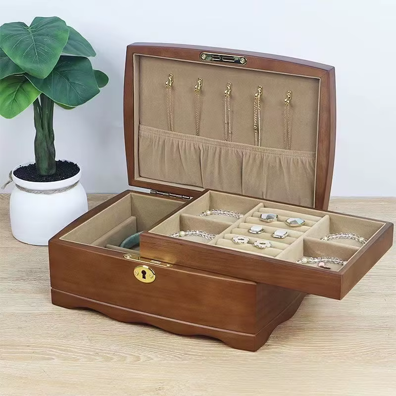 Boîte de rangement de bijoux en bois avec serrure, peintures rétro, boîtes à bijoux, porte-anneau, Bracelets, présentoir de colliers, boîte de vitrine
