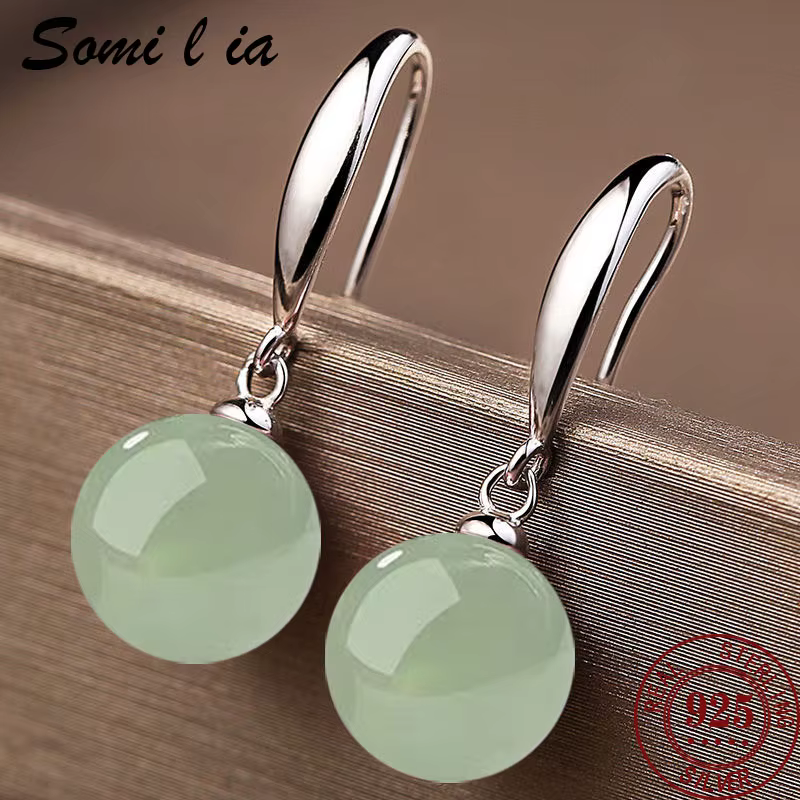 SOMILIA nouveau rétro palais vert Hotan Jade boucles d'oreilles pour femmes 12mm pierre naturelle 18k or 925 pur argent