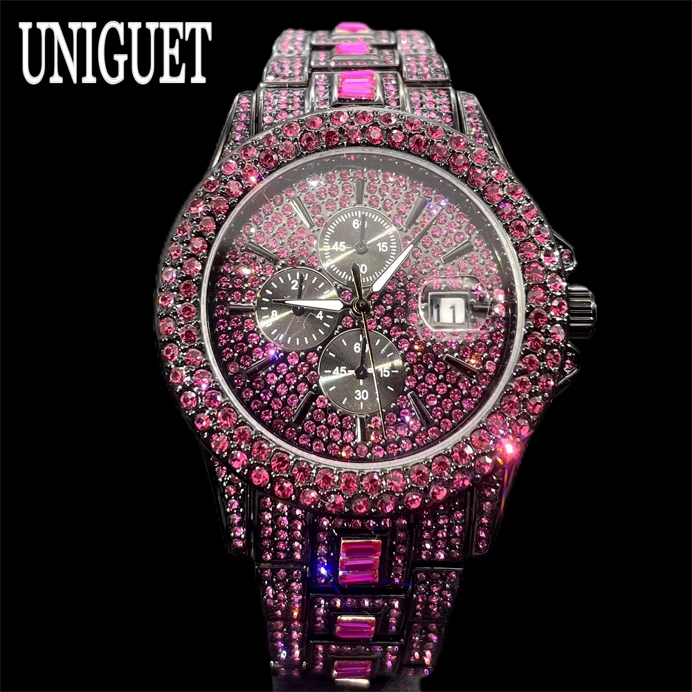 Vente chaude montre de glace rouge pour hommes marque de mode UNIGUET Hip Hop plein diamant luxe en acier inoxydable bijoux Quartz montre-bracelet homme