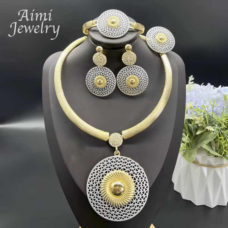 Ensemble de bijoux plaqué or 18 carats pour femme, grand pendentif rond, collier, boucles d'oreilles, bracelet, bague, patients africains, cadeaux de fête de mariage