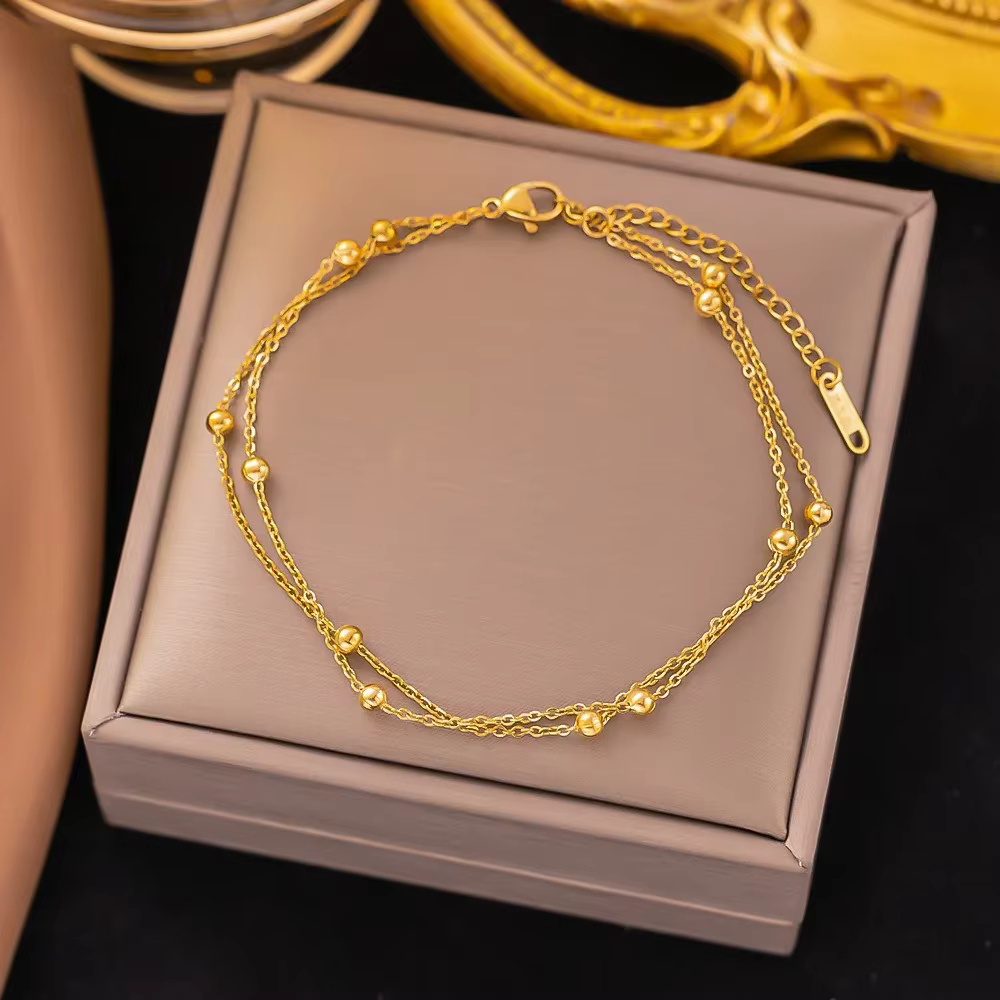 Bracelet à breloques en acier inoxydable pour femmes, couleur or, Double couche, perles rondes, classique, Simple, ne se décolore pas, bijoux porte-bonheur