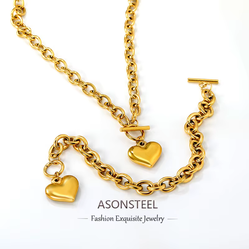 ASONSTEEL mode coréenne coeur colliers Bracelets ensemble de bijoux pour femmes doré brillant étanche en acier inoxydable métal cadeaux