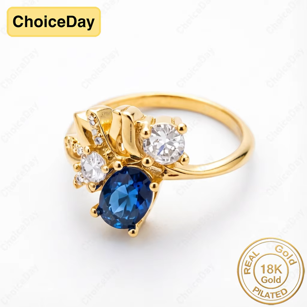 Bague florale en or plaqué 18 carats avec diamant bleu océan exquis - Bijou élégant pour femme